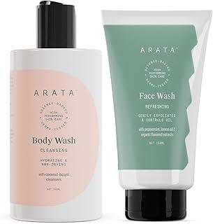 Arata Face & Body Wash Combo (450ml) | Refreshing Face Wash + Cleansing Body Wash | With Peppermint, Lemon Oil, Coconut & Citrus Extracts