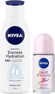 Nivea Deodorant Roll On, Pearl & Beauty for Unisex, 50ml And Body Lotion, Express Hydration, Normal Skin for Unisex, 200ml