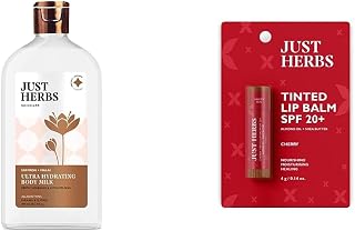 Just Herbs Saffron + Malai Nourishing Body Milk Lotion- 300ml & Just Herbs Tinted Lip Balm 4 g (Cherry) Combo
