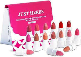 Just Herbs Ayurvedic Shade Discovery Lipstick Kit | 16 Mini Shades (0.4g each) | Long-lasting | Weightless | Ghee, Brahmi