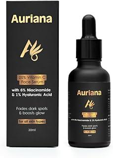Auriana Cosmetics 20% Vitamin C Skin Brightening & Anti-Dark Spots Face serum with 6% Niacinamide, 1% Hyaluronic Acid, 30ml, For All Skin Types