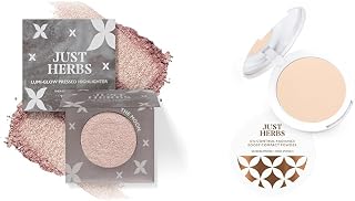 Just Herbs Lumi Glow Pressed Highlighter for Face Makeup Shea Butter + Vitamin C, 3.5 g (The Moon) & Just Herbs Oil Contro
