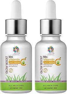 Krasota Vitamin C Daily Glow Face Serum With Grape Seed & Aloe Vera - Brighten, Illuminate, and Remove Dullness - Enriched with 50x Vitamin C - 30ml (Pack of 2)