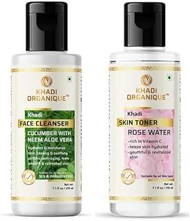 Khadi Organique Rose Water Skin Toner & Cucumber With Neem Aloe Vera Face Cleanser - Hydrating & Refreshing Skin Care Duo (420 ml)