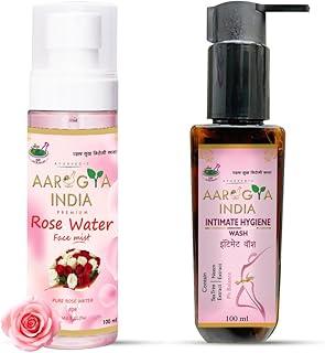 Aarogya India Premium Rose Water Mist/Face Toner –Facial Spray All Skin Types Gulab jal + Intimate Hygiene Wash for Women, Vaginal Wash Restores pH Balanace No itching, Burning, white Discharge COMBO ( 200ml )