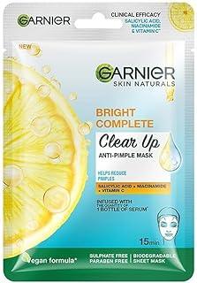 Garnier Bright Complete Anti Pimple Sheet Mask -Infused With Power of 3 serums, Salicylic Acid, Niacinamide and Vitamin C Serum,Face Sheet Mask For Clear, Hydrated And Glowing Skin, for All Skin Types