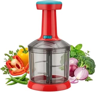 Zynex Manual Hand Press Vegetable Chopper 1000 ml, 6 Blades | Push-Press Operation, Fruits & Vegetables, Compact 12in Heig