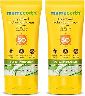 Mamaearth Hydragel Indian Sunscreen With Aloe Vera And Raspberry For Sun Protection | SPF 50 & PA++++ Protection | Shields From UVA & UVB Rays | Tan Protection All Skin | Non-Sticky&Light | 50 G X 2