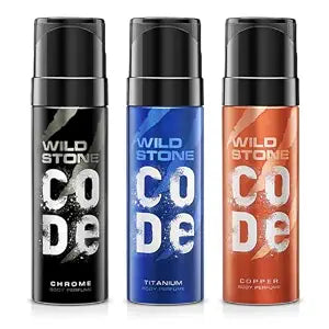 WILD STONE CODE Chrome, Copper And Titanium Body Perfume Spray For Men, Pack Of 3 (150Ml E