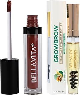 Bella Vita Organic Kiss-Proof Liquid Lipstick | 4.5 ml | Mocha Madness Growbrow - Eyelash, Lashes & Eyebrows Hair Growth & Volume Serum With Castor, Onion Oil & Vitamin E, 12 ML