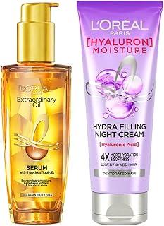 L'OREAL PARIS Extraordinary Oil Hair Serum For Unisex, 100ml & Hyaluron Moisture 72H Hydra Filling Night Cream, 180ml