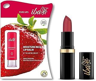 Iba Halal Care Pure Lips Moisturizing Natural Lipstick Shade, A85 Pink Nectar, 4G & Halal Care Moisture Rich Lip Balm - Strawberry, 4.5 G