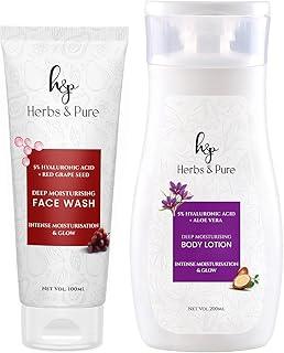 Herbs and Pure Hyaluronic Acid And Red Grapes Face Wash (100ml) For Dark Spots with Kesar Oil and Shea Butter Body Lotion (200ml) For Intense Moisturisation, Pack Of 2
