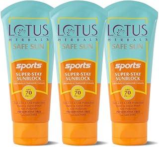 Lotus Herbals Safe Sun Sports Super-Stay Sunblock SPF 70 PA+++| Calendula and Chamomile| Preservative Free, Anti-Pollution|80 g(Pack Of 3)