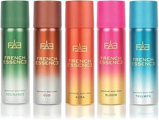 FRENCH ESSENCE combo Deodorant for men and women/Man Deo/Body Spray/Long Lasting Fragrance, Fresh Scent (combo offer) 50ml Each Deodorants - Bloom,Aura, Oud,Recharge,Triumph 250Ml (Pack Of 5)