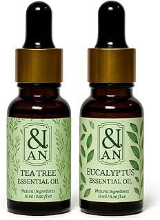 AN Essentials Tea Tree & Eucalyptus Essential Oils (2 × 15 mL) | 100 % Pure, Steam-Distilled | Clarify Skin & Scalp, Freshen Air, Ease Breathing & Soothe Muscles | UV-Safe Dropper Bottles | Made in India