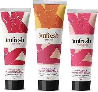 Imfresh Women Deodorant Cream For Whole body & Underarms Areas - Long Lasting Fragrance | Prevents Odour & Reduces Pigmentation | Pack of 3 (50gm, Honey Oudh, Wildflower & Love Spell)
