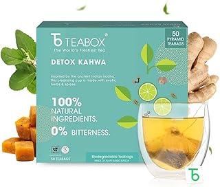 Teabox Detox Kahwa Herbal Tea | 50 Teabags with 8 Natural Ingredients | 0% Bitterness | Biodegradable Teabags | Caffeine-Free Wellness Brew
