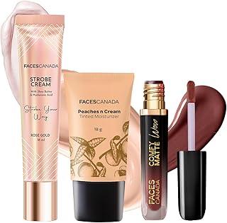 FACES CANADA Super Quick Glam Combo - Strobe Cream - Rose Gold (18 ml) + Tinted Moisturizer - Light 01 (18 gm) + Comfy Matte Wow Liquid Lipstick - Cocoa Crush 07 (3.8 ml) | Illuminating & Glowing Makeup Base | Highly Pigmented
