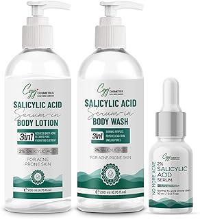 CGG Cosmetics 2% Salicylic Serum in Body Lotion 200ml, Body Wash 200ml & FREE10ml 2% Salicylic Serum-Combo, For Reduce back acne, Hydrating element, Clear pore