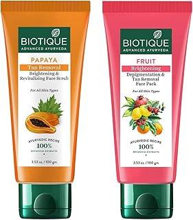 Biotique Fruit Brightening Depigmentation & Tan Removal Face Pack For All Skin Types, 100ml & Biotique Papaya Tan Removal Brightening & Reviatalizing Face Scrub For All Skin Types, 100g