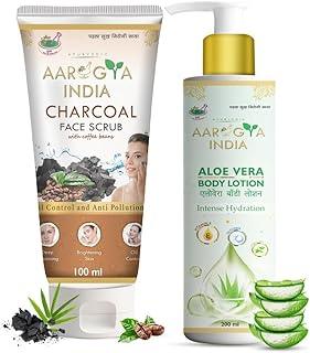 Aarogya India Activated Charcoal Face Scrub 100 ml And Aloe Vera Body Lotion 200ml | Anti-Pollution Face Scrub for Deep Pore Cleansing Removes Dirt & Impurities Nourishing Hydration for All Skin Types body lotion COMBO (Pack Of 2 )