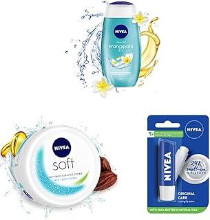 NIVEA Shower Gel, Frangipani & Oil Body Wash, Women, 250ml & NIVEA Soft Light Moisturizer Cream, with Vitamin E & Jojoba Oil for Face, Hands and Body, 300 ml & NIVEA Lip Balm, Original Care, 4.8g