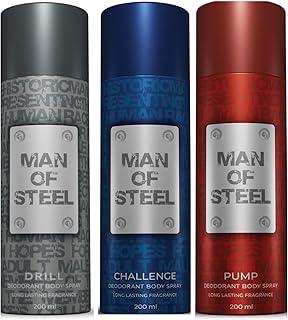 MAN OF STEEL Drill, Challenge & Pump Deodorant Body Spray - 200ML Each (Pack of 3)