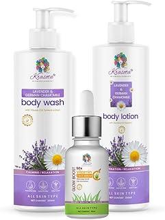 Krasota Moisturizing Body Lotion & Body Wash with Lavender & German Chamomile & Vitamin C Daily Glow Face Serum With Grape Seed & Aloe Vera (200ml+200ml+30ml)