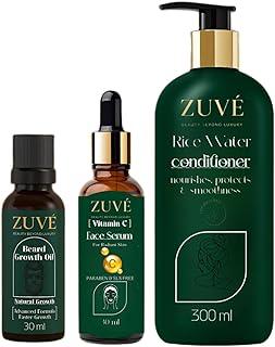 ZUVÉ COSMETICS Beard Growth Oil, Vitamin C Face Serum & Rice Water Conditioner Combo - For Radiant Skin, Healthy Beard & Smooth Hair | 30ml + 30ml + 300ml | Daily Grooming Set