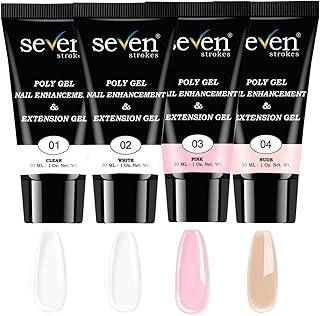 SEVEN STROKES Poly Nail Gel: 30ML Strong Builder for Nails, Color for Extension, Multifunctional Strengthener Hard Gels, Long-Lasting, Easy-to-go Manicure Supplies for DIY at Home Salon-VIP (CLEAR + WHITE + PINK + NUDE)