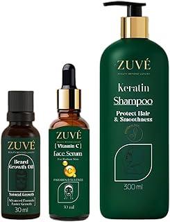 ZUVÉ COSMETICS Keratin Shampoo, Vitamin C Serum & Beard Growth Oil Combo - Frizz-Free Hair, Bright Skin & Dense Beard | 300ml + 30ml + 30ml-1
