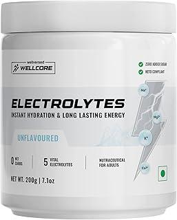 Wellcore Electrolyte Powder (57 Servings,200gm) | Unflavoured | Drink With 5 Vital Electrolytes: Na, Mg, Ca, K, PO4 | Sugar Free Electrolyte | Instant Energy & Hydration Solution