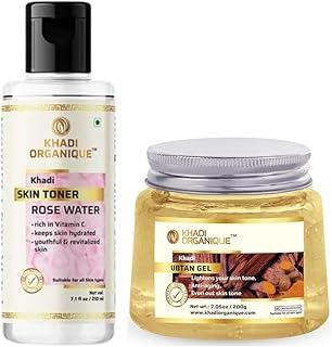 Khadi Organique Combo of Aloe Vera Ubtan Gel (200 gm) + Pure & Natural Rose Water/Skin Toner (210 ml) – 100% Natural for Acne-Free, Glowing Skin | Balances pH, Soothes Itchiness & Moisturizes | Suitable for Men & Women