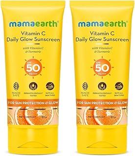 Mamaearth Daily Glow Sunscreen With Vitamin C & Turmeric|For Sun, Tan Protection & Glow|Spf 50 & Pa++++ Protection|No White Cast|Lightweight & Non-Sticky|Brightens Skin|For All Skin Types|80 G X 2