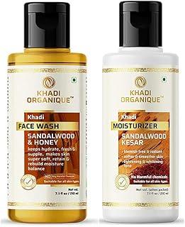 Khadi Organique Skin Care Combo: Sandalwood & Honey Face Wash (210ml) + Sandalwood Kesar Moisturizer (210ml) for Men & Women – Hydrating, Nourishing, and Brightening