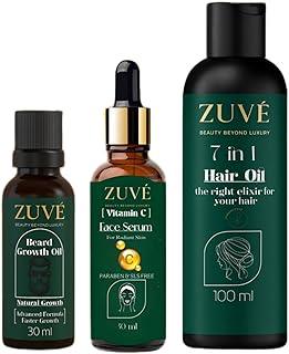 ZUVÉ COSMETICS Beard Oil, Vitamin C Serum & 7-in-1 Herbal Hair Oil Combo - Beard Growth, Skin Glow & Hair Nourishment | 30ml + 30ml + 100ml