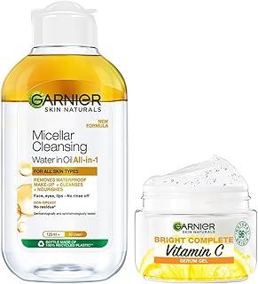 Garnier Skin Naturals, Cleansing Water for Waterproof Makeup, Micellar Oil-Infused Cleansing Water, 125ml & Garnier Brightening Moisturiser, Serum Gel, Infused with Vitamin C and Lemon, 45g