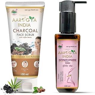 Aarogya India Activated Charcoal Face Scrub + Intimate Hygiene Wash for Women, Vaginal Wash, Smooths Skin Anti-Bacterial Restores pH Balanace| No itching, Burning, white Discharge COMBO (200ml)