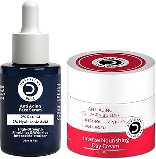 Dermistry 2% Retinol 2% Hyaluronic Acid Face Serum and Anti Aging Retinol Collagen SPF 30 Day Cream Reduces Ageing Wrinkles Fine Lines Dark Circles Improves Elasticity Men Women Dry & Oily Skin 80ml
