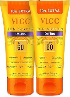VLCC De-Tan Water Resistant SPF 60 PA+++ Sunscreen Gel Crème - 100g+10g Extra (Pack of 2) | With Niacinamide, Ceramides & Vitamin E | Protects from UVA, UVB Rays, Sun Damage, Skin Darkening & Premature Aging