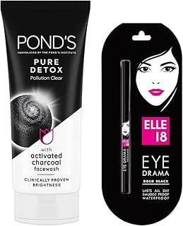 Elle 18 Eye Drama Kajal Pencil, Bold Black, 0.35G And Pond's Pure White Anti Pollution With Activated Charcoal Facewash, 100G - Matte Finish