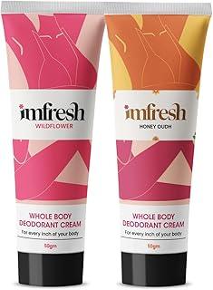 Imfresh Women Deodorant Cream For Whole body & Underarms Areas - Long Lasting Fragrance | Prevents Odour & Reduces Pigmentation for Women (50gm, Wildflower & Honey Oudh) (Pack of 2)