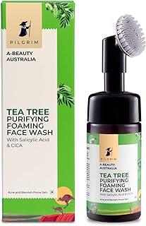 PILGRIM Australian Tea Tree & 1%Salicylic acid Foaming Face wash with brush|Tea Tree face wash with 1%salicylic acid & CICA for oily skin,acne and pimples|Oily skin cleanser for face|Women & Men|120ml