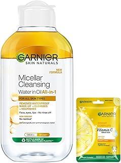 Garnier Skin Naturals, Cleansing Water for Waterproof Makeup, 125ml & Garnier Skin Naturals, Face Mask, Hydrating, Brightening & Anti-Dark Spots, Bright Complete, 1 pc, 28g