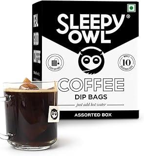 Sleepy Owl Assorted Hot Brew Drip Coffee Bags | 5 Delicious Flavours - French Vanilla, Dark Roast, Cinnamon, Hazelnut, Original | 5 Minute Fresh Brew - No Equipment Needed | 100% Arabica | 10 Serves