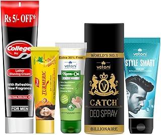 Vetoni Men's Care Kit - College Boy Shaving Cream, Style Smart Hair Gel, Turmeric Cream, Neem Face Wash & Catch Deo. Pack of 5