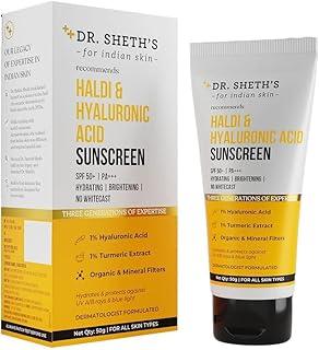 Dr. Sheth's Haldi & Hyaluronic Acid Sunscreen with 1% Hyaluronic Acid | Spf 50+ Pa+++ | Protects Against UVA/B & Blue Light | Hydrating & Brightening | For Men & Women | For All Skin Type | 50 g