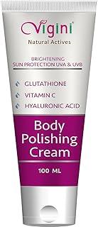 Vigini Glowing Radiance Kojic Acid Vitamin C Body Polishing Moisturizer Cream for Pigmentation Dark Spots Dull Uneven Skin Tone Patches Underarms Tan Removal for Men Women 100ml