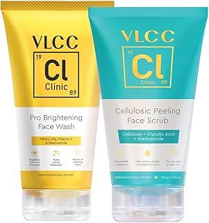 VLCC Clinic Clean & Bright Skin Combo for Dullness and Dark Spots - Pro Brightening Facewash - 150ml with Niacinamide & Vitamin C + Cellulosic Peeling Face Scrub - 100g with Glycolic Acid & Cellulose